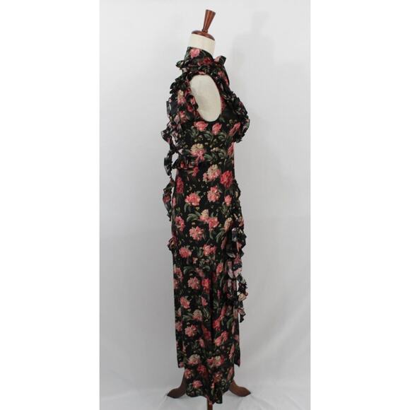 R13 LIBERTY OF LONDON Sz XS Black Pink Rose Floral Silk Dress Ruffle Slit - Picture 9 of 13